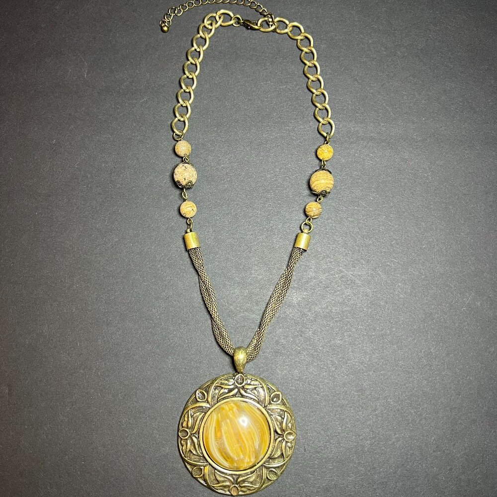 VTG Boho Brass Beaded Floral Ornate Polished Stone Statement Necklace 17 - 20"